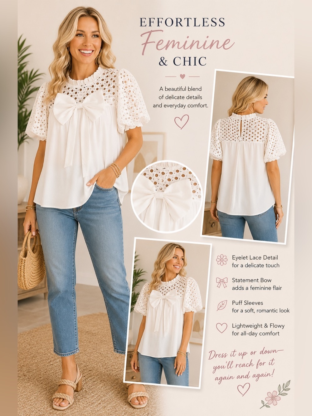 Jodifl White Eyelet Bow Blouse Size M